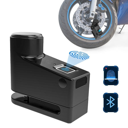 Bloque disque pour moto connectée et on voit sur l'image que le déverrouillage peut-être fait par empreinte ou par Bluetooth